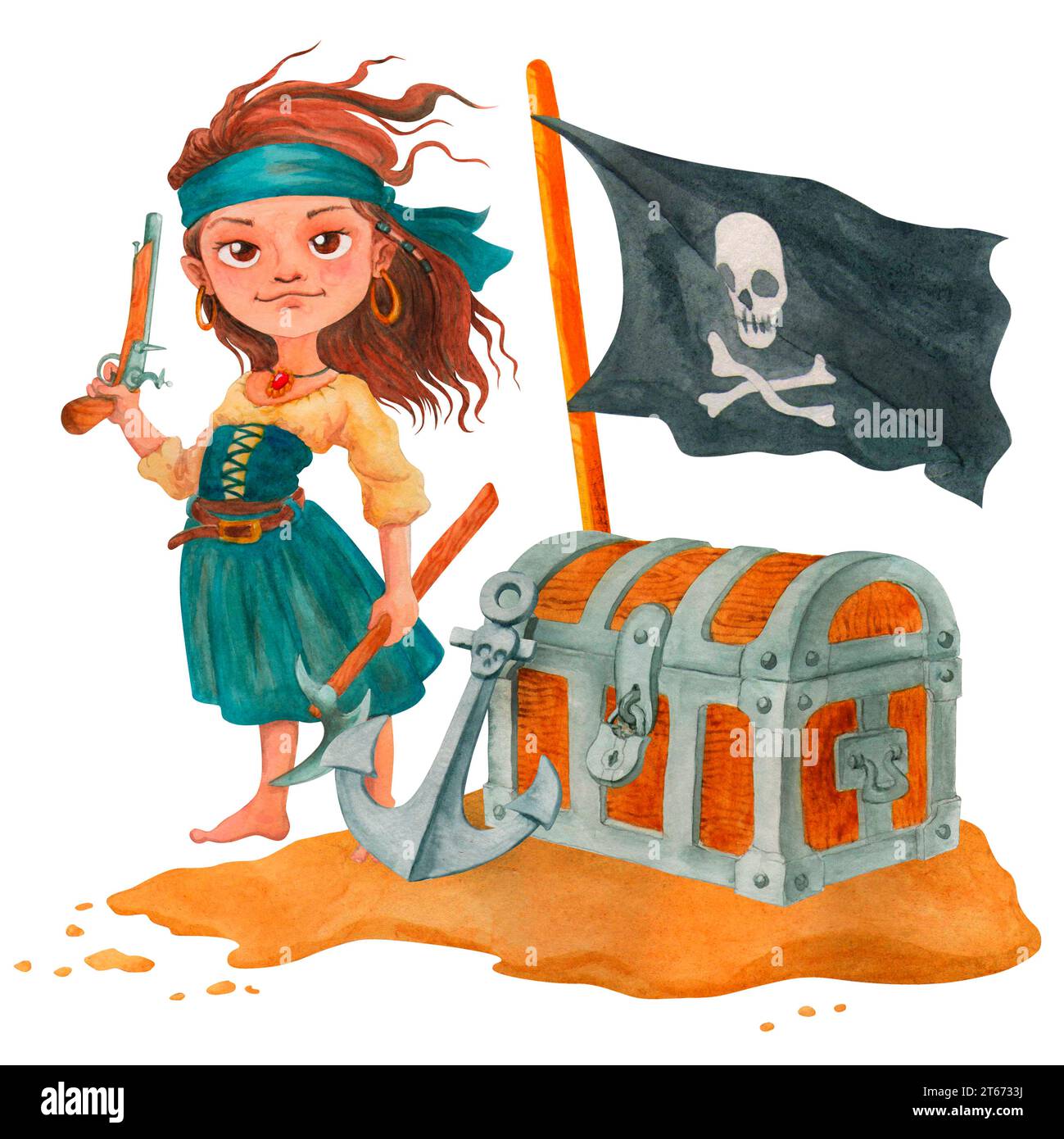 Pirate girl cartoon character in pirate object composition. Includes black flag, chest, anchor, weapon. Isolated watercolor illustration for design Stock Photo
