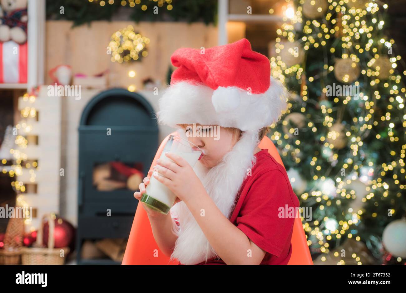 Christmas cookies and milk. Santa Claus holding Christmas cookies and milk against Christmas tree background. Portrait of bearded funny child in Santa Stock Photo