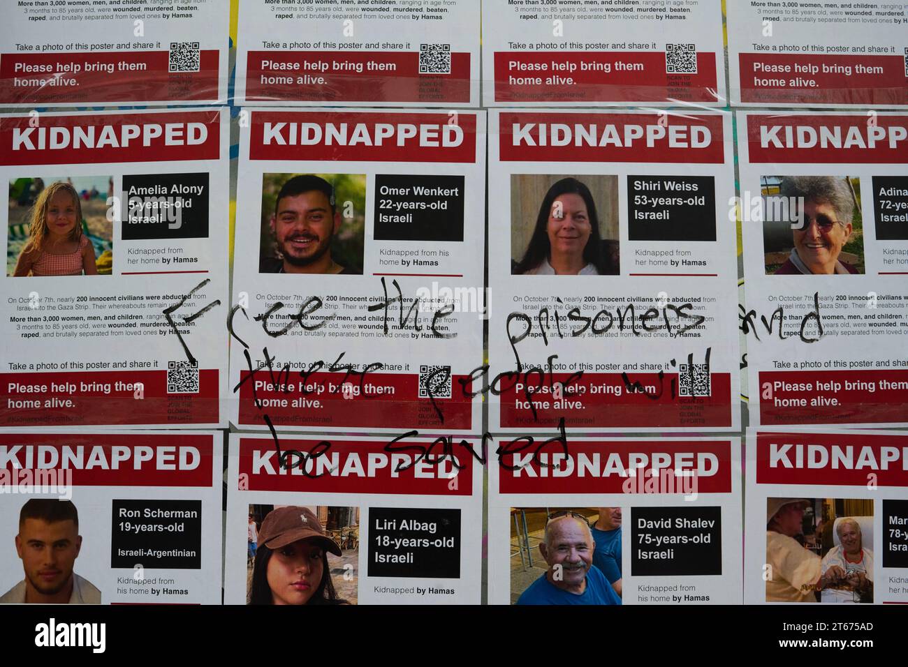 New York, New York, USA. 8th Nov, 2023. Kidnapped posters showing ...