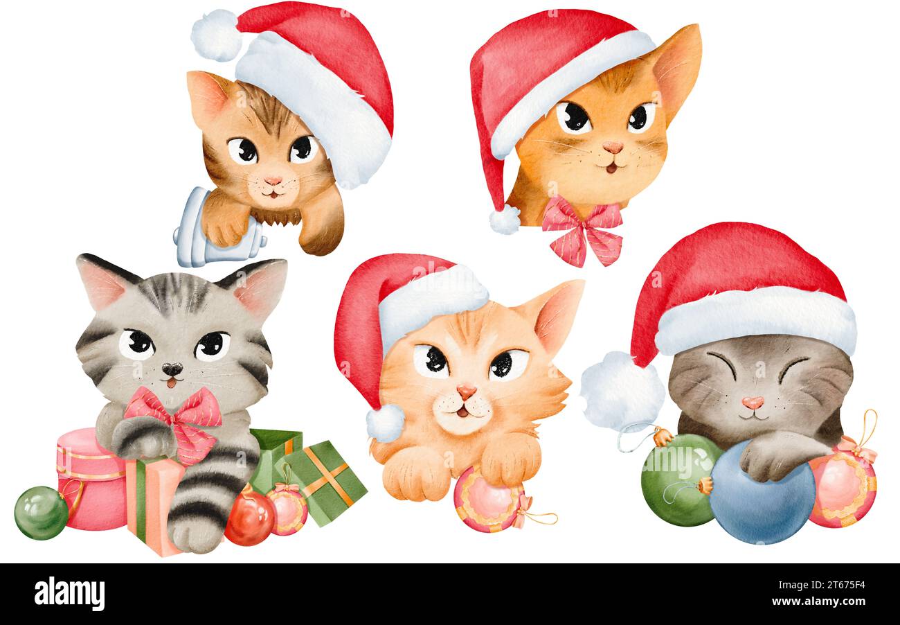 kittens with holiday charm, donning Santa hats, surrounded by Christmas ornaments and presents. These cat portraits are perfect for stickers, cards Stock Photo