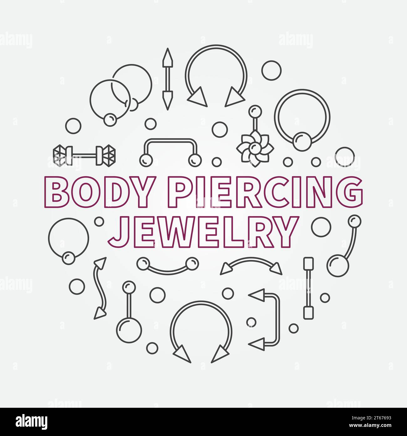 Body piercing jewelry vector modern illustration made with piercings cute icons in thin line style Stock Vector