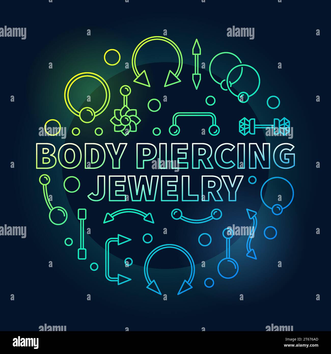 Body piercing colored jewelry vector illustration made with cute creative piercings line icons on dark background Stock Vector