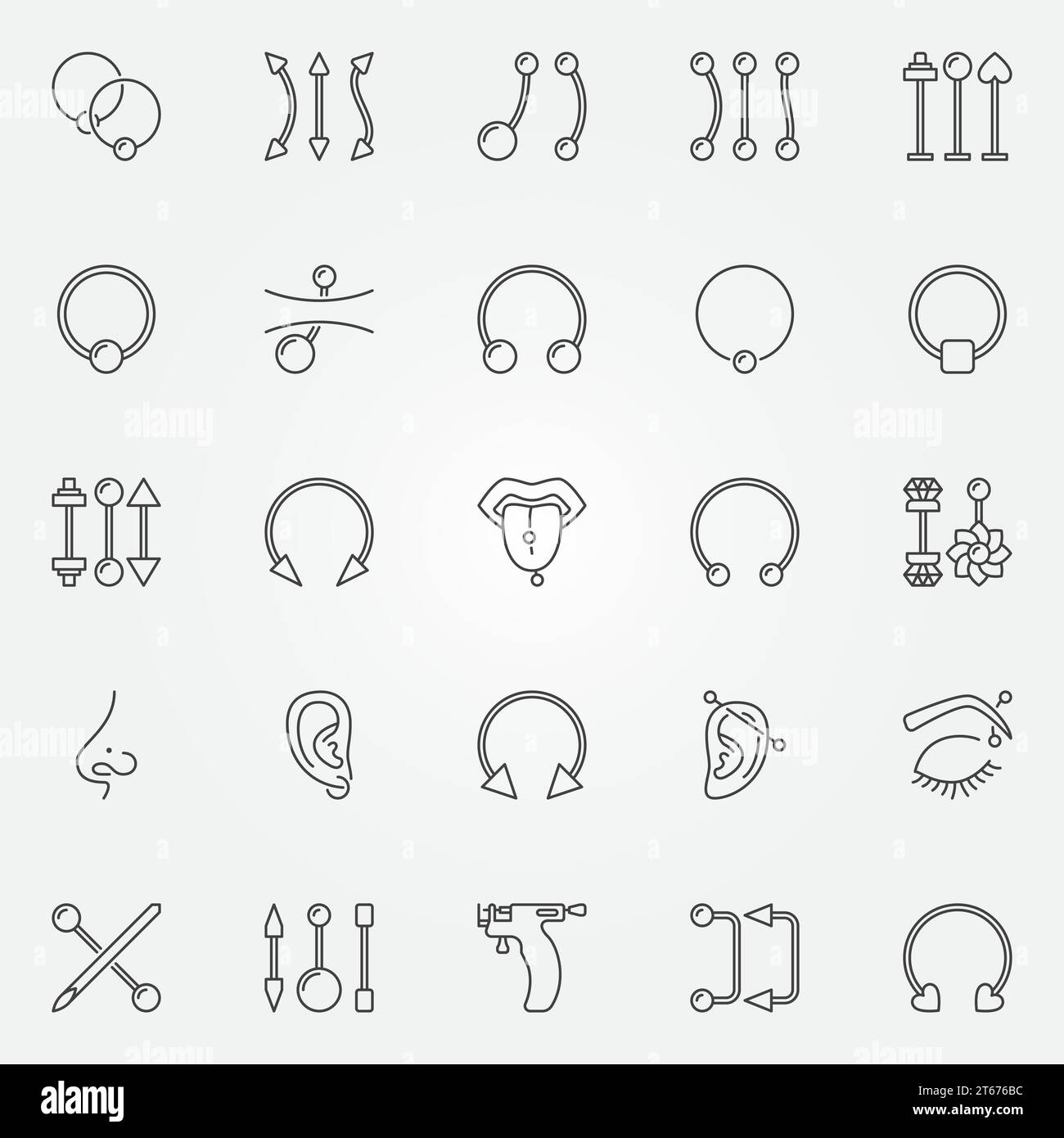 Body piercing icons set. Vector collection of piercings jewelry concept signs or design elements in thin line style Stock Vector