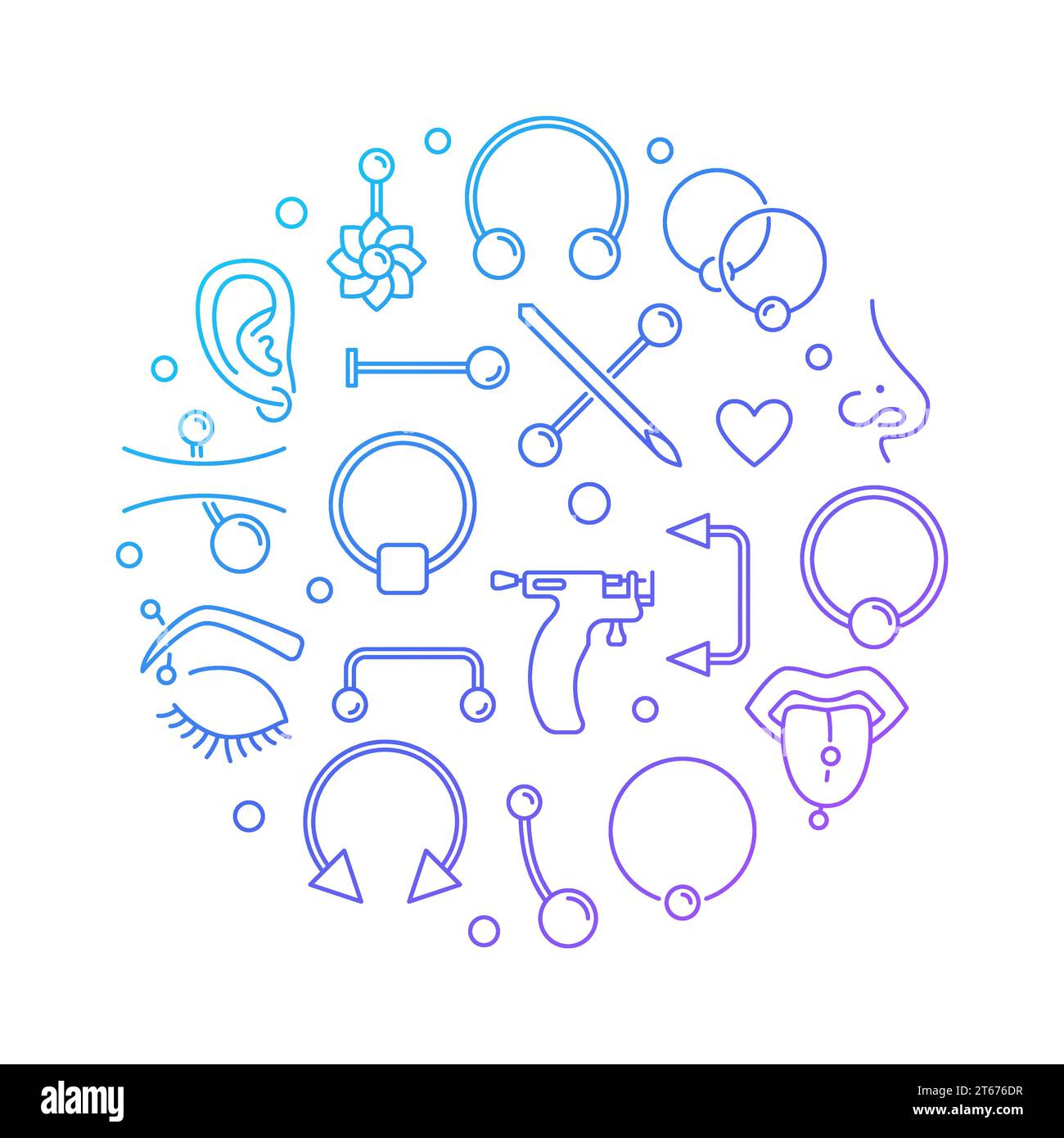 Colorful piercing vector round illustration made with outline piercings creative icons on white background Stock Vector