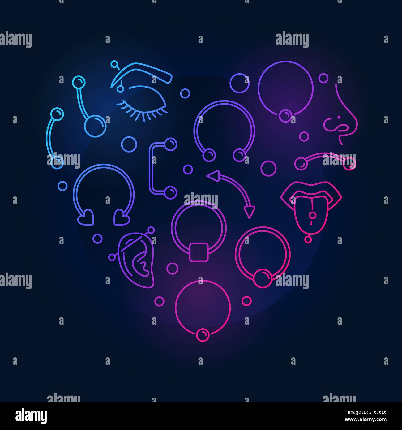 Colorful heart shape made of body jewelry and piercing creative thin line icons on dark background Stock Vector