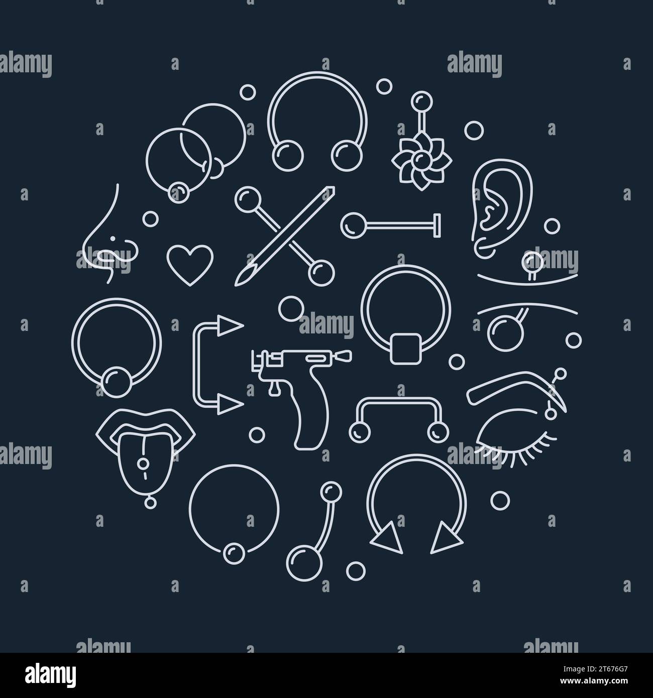 Piercing vector circular illustration made with linear piercings concept icons on dark background Stock Vector