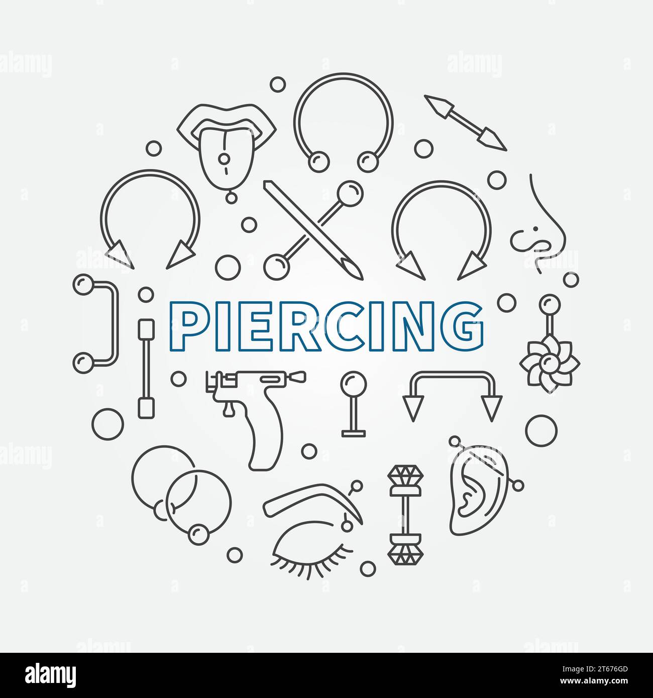 Piercing circular concept vector illustration in thin line style made with cute piercings icons Stock Vector