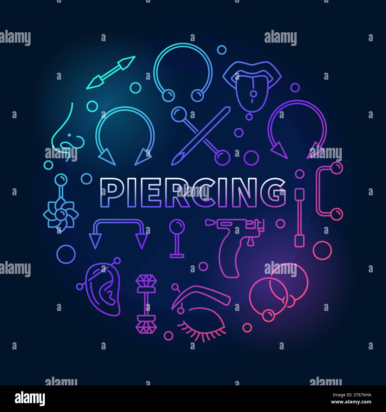 Colored piercing circular vector illustration in thin line style made with cute piercings icons on dark background Stock Vector