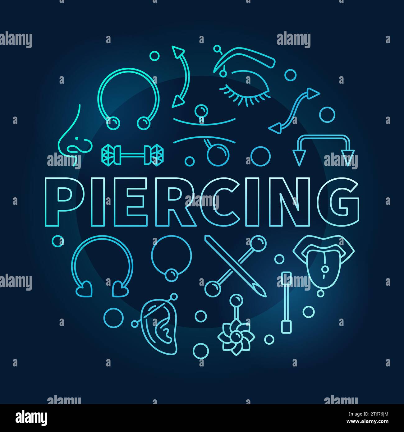 Piercing blue vector round illustration made with thin line piercings icons on dark background Stock Vector