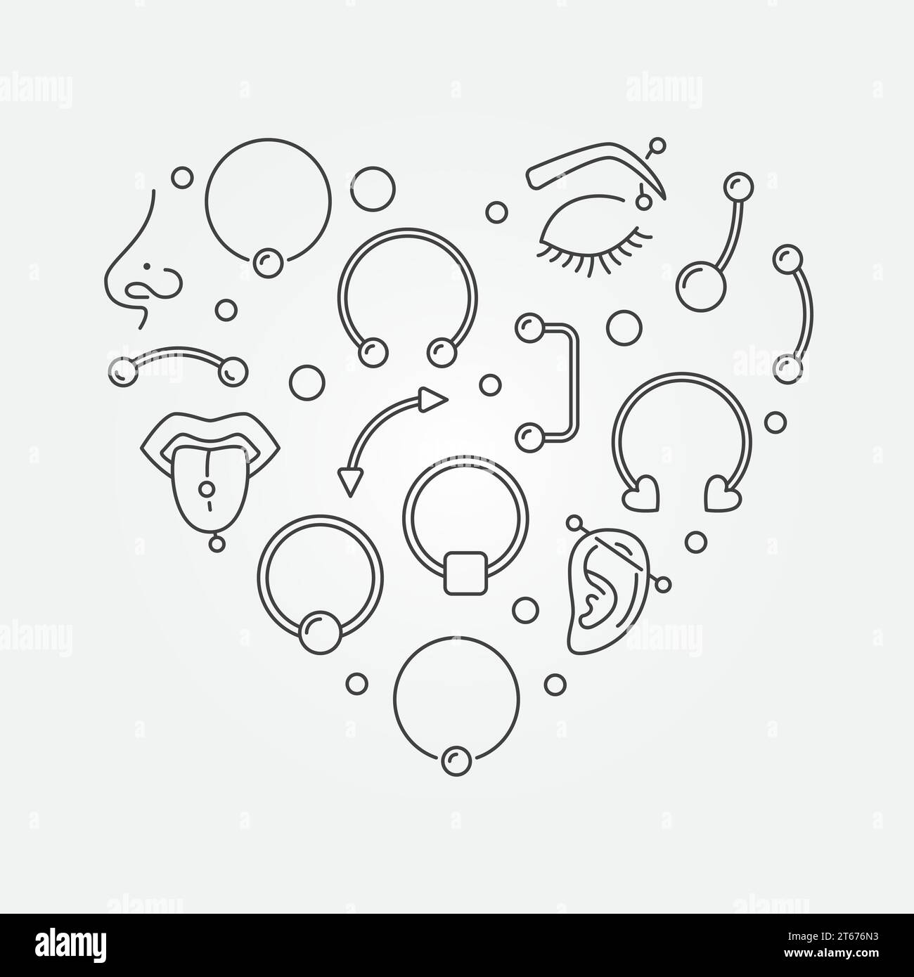Heart shape made of body jewelry and piercing concept thin line icons Stock Vector
