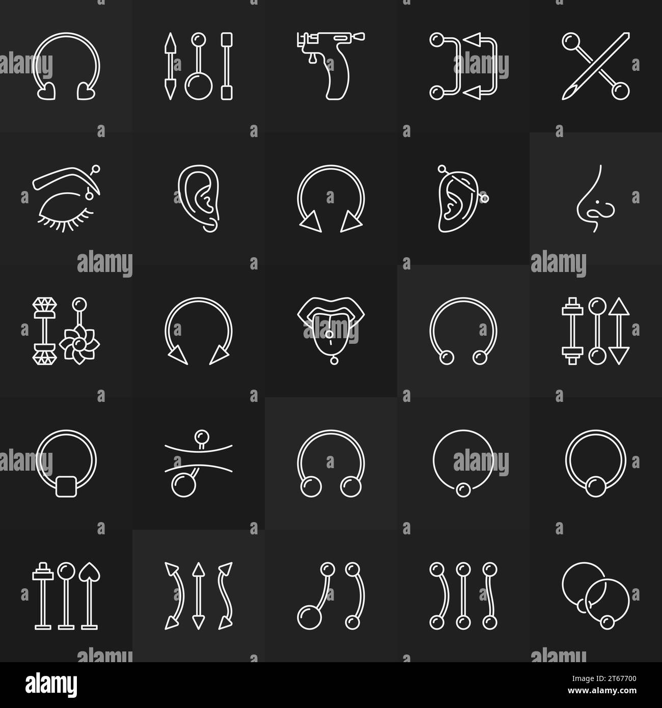 Piercings outline minimal icons. Vector piercing gun, ball closure ring, barbell, spike lineear signs on dark background Stock Vector