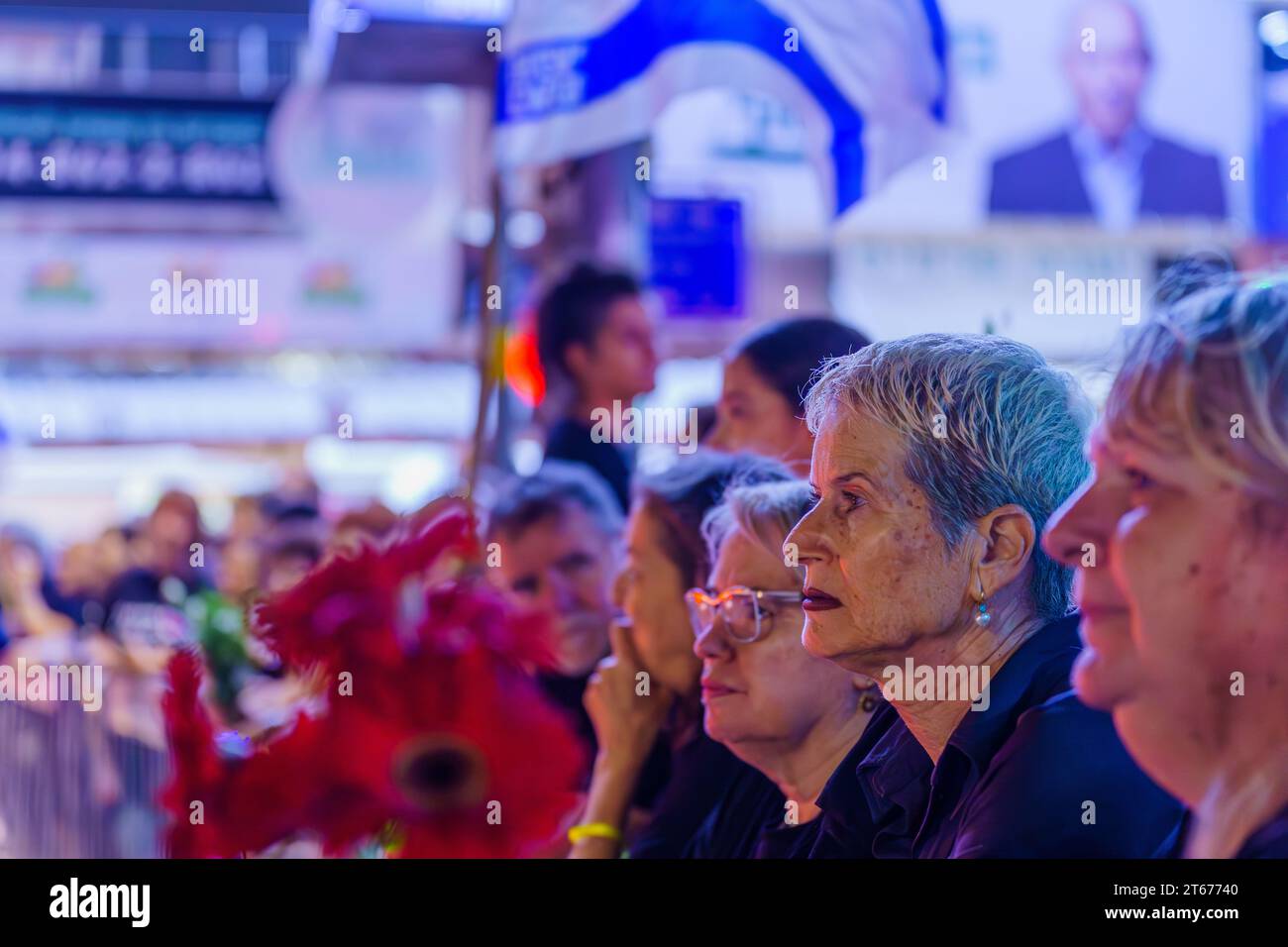 Haifa, Israel - November 07, 2023: An assembly commemorating a month to the massacre performed by Hamas terrorists on October 07. Haifa, Israel Stock Photo