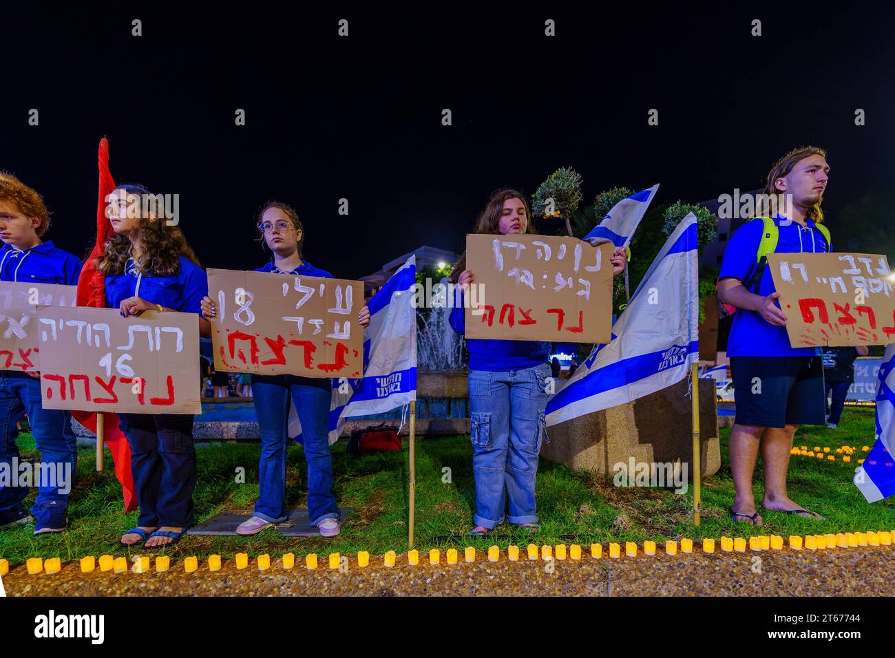 Haifa, Israel - November 07, 2023: Youth commemorating the youth victims, murdered by Hamas terrorists on October 07. Haifa, Israel Stock Photo