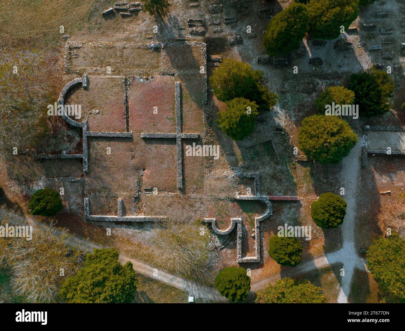 Aerial view about the Museum of Gorsium-Herculia, village of the Roman Empire in Tac, Hungary. Roman age historical ruins. Stock Photo