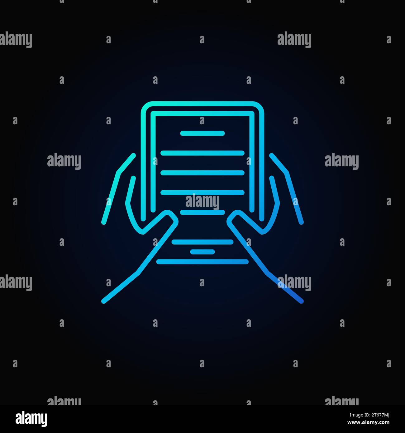 Hands with e-book reader blue icon. Vector reading linear symbol on dark background Stock Vector