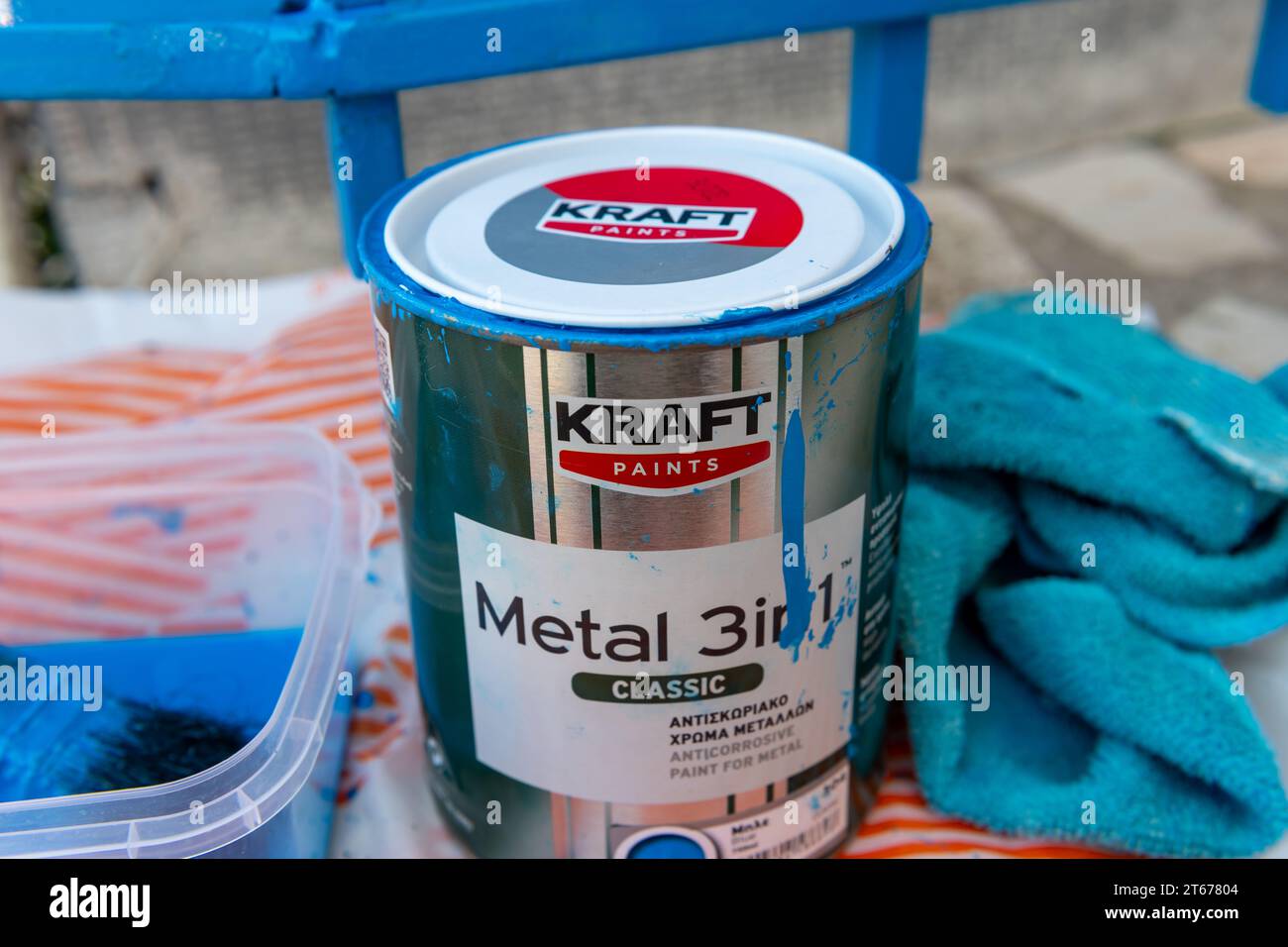 Lefkada island. Greece- 10.13.2023. A tin of Kraft 3 in 1 paint for metal. Stock Photo