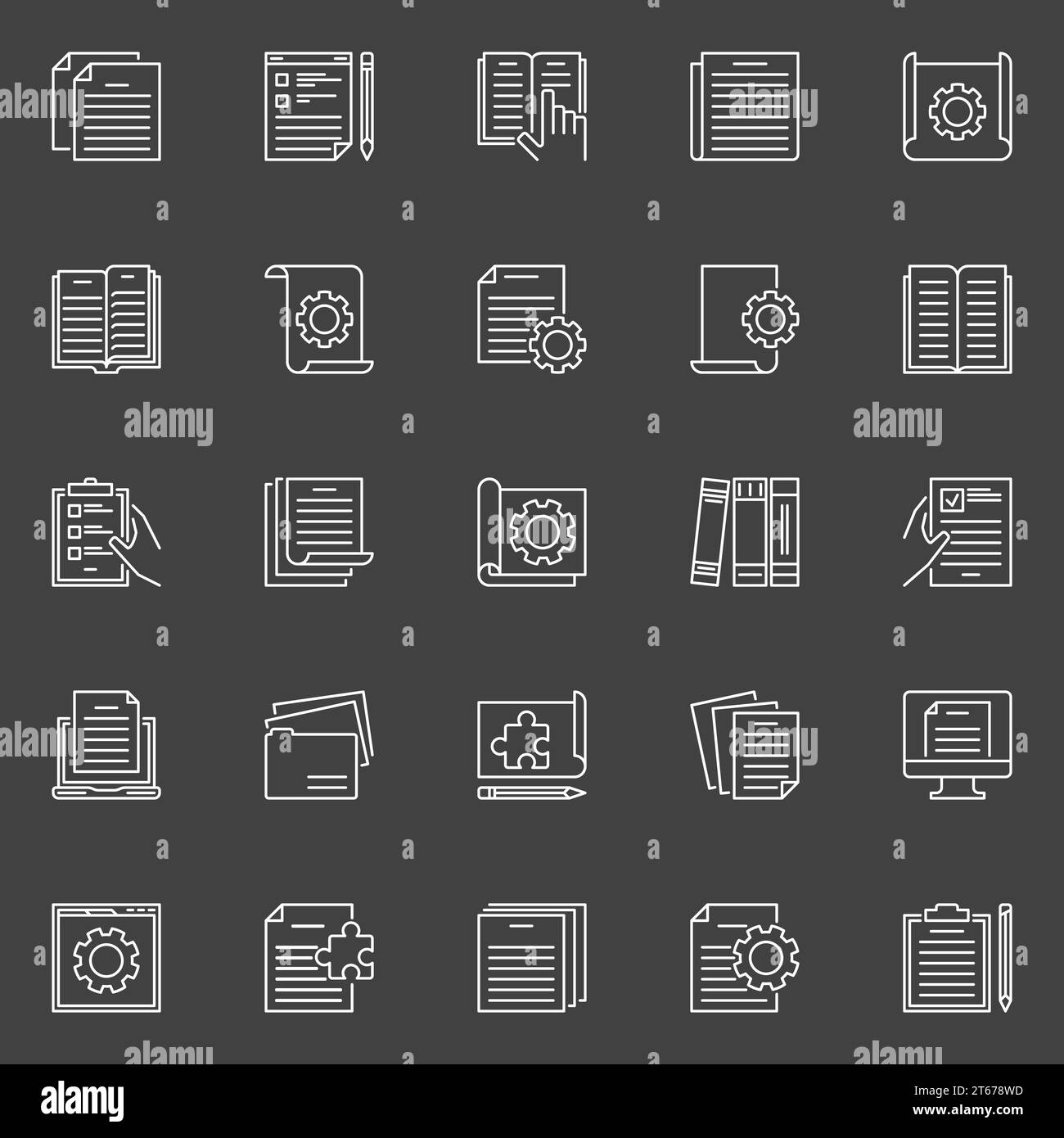 Pages and documents with gear concept vector icons. Technical Documentation thin line signs on dark background Stock Vector