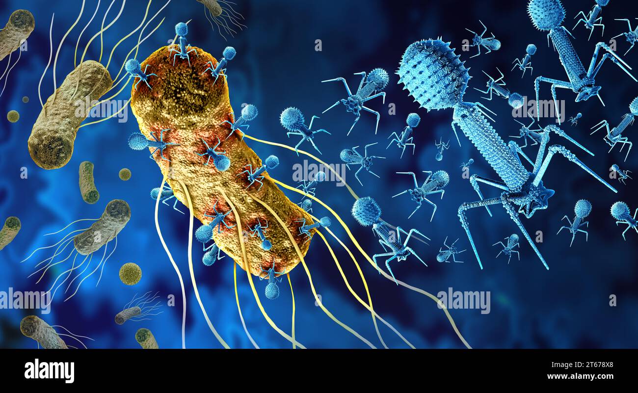 Phage and Bacteriophage attacking bacteria as a virus that infects bacteria as a bacterial virology symbol as a pathogen that attacks bacterial Stock Photo