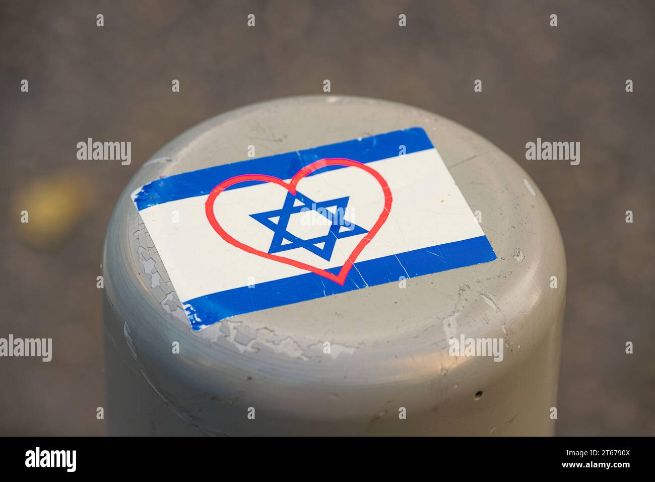 Tel Aviv, Israel. September 30, 2023. An Israeli flag with a heart drawn surrounding the Star of David Stock Photo