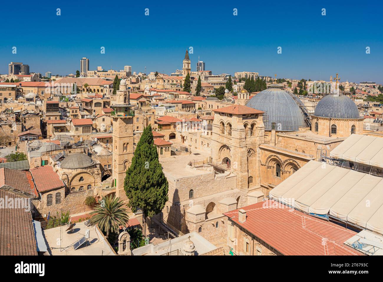 Panoramic view of the Jerusalem Christian Quarter featuring the Church of the Holy Sepulchre and the Omar Mosque Stock Photo