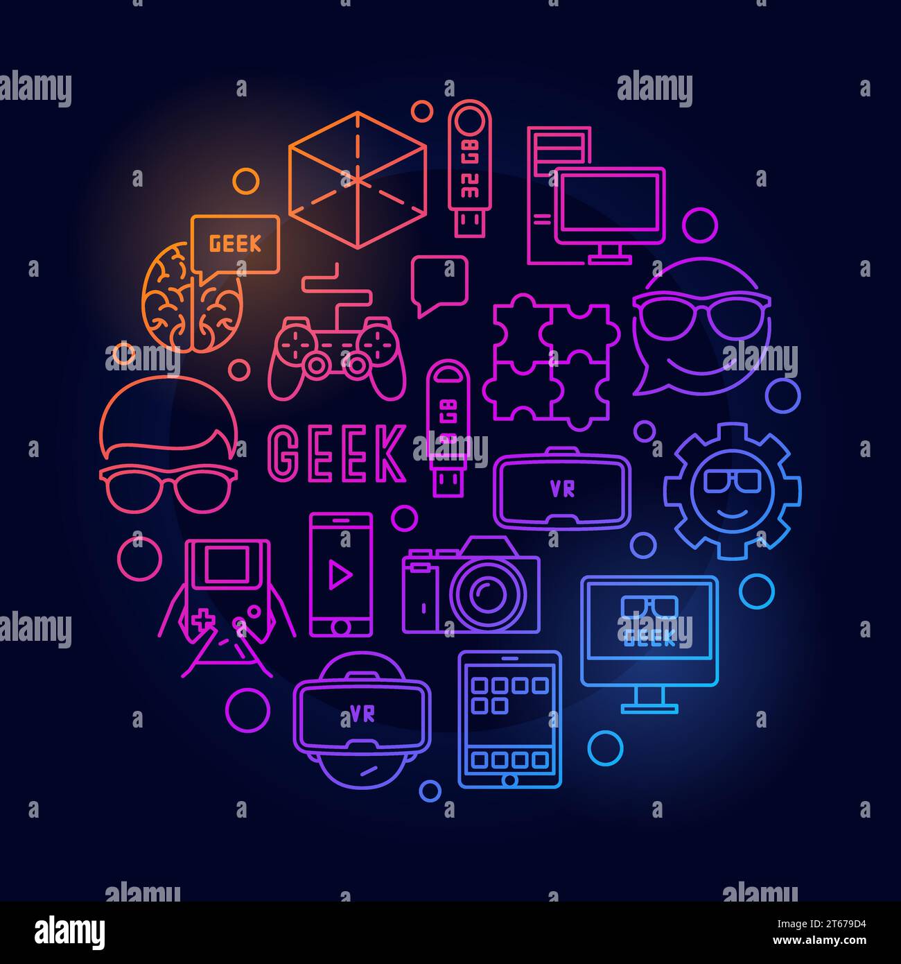 Round geek bright illustration. Vector computer nerd concept line ...