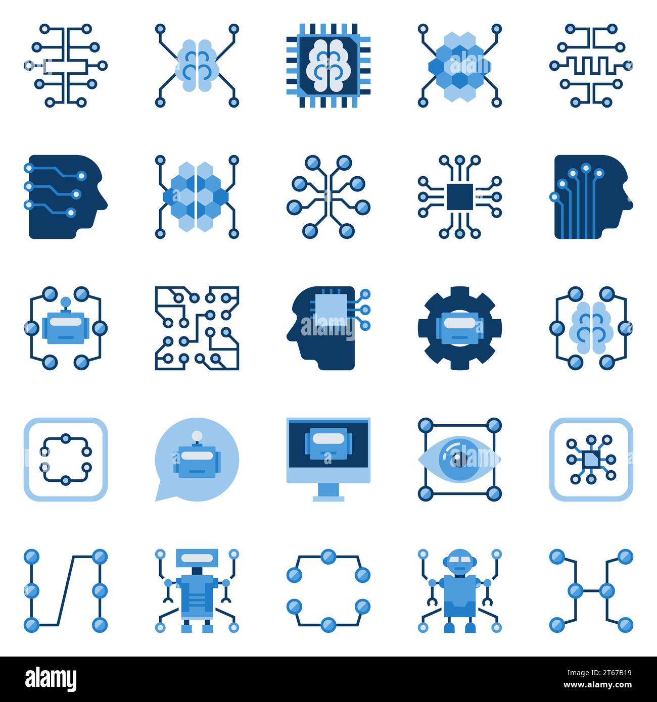 Artificial intelligence flat icons set. Vector AI and machine learning concept symbols or design elements Stock Vector