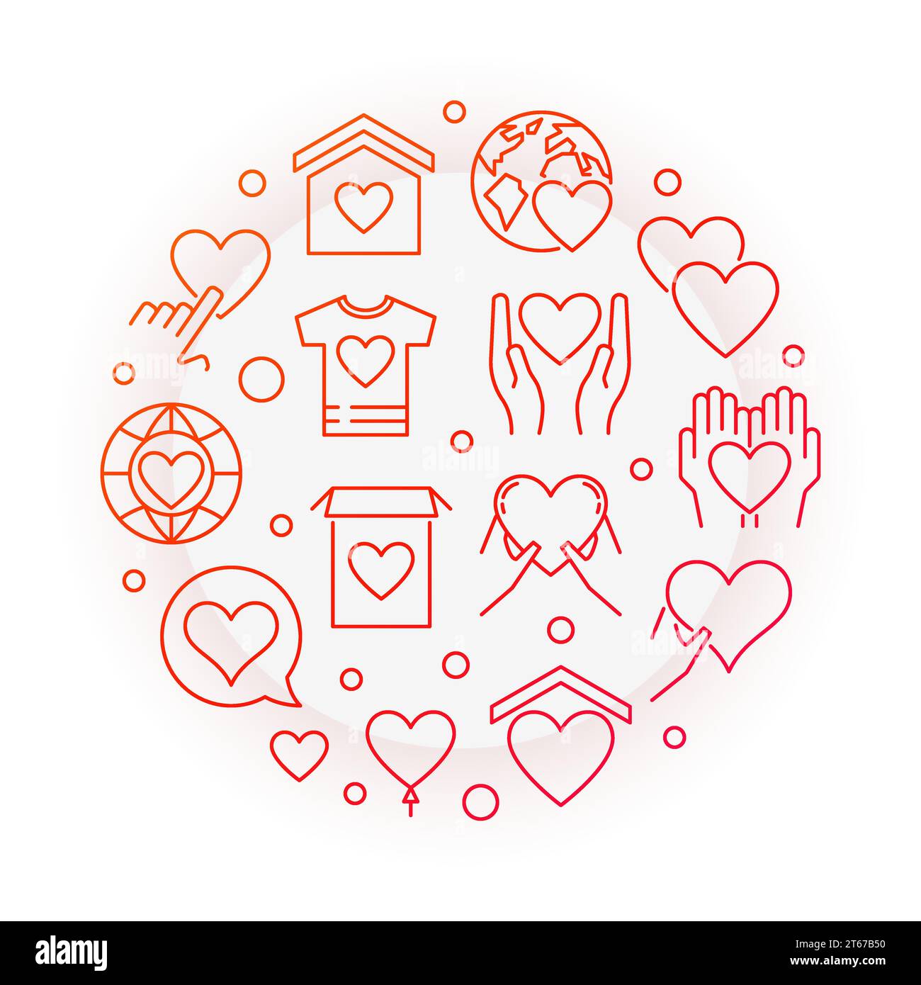 Philanthropy and charity red vector round concept outline illustration on white background Stock Vector