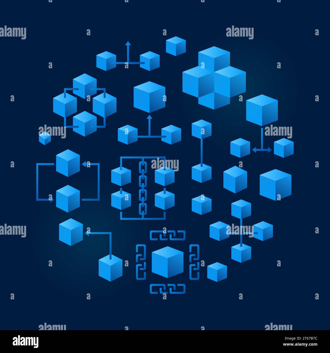 Blockchain technology round creative blue vector illustration or symbol on dark background Stock Vector