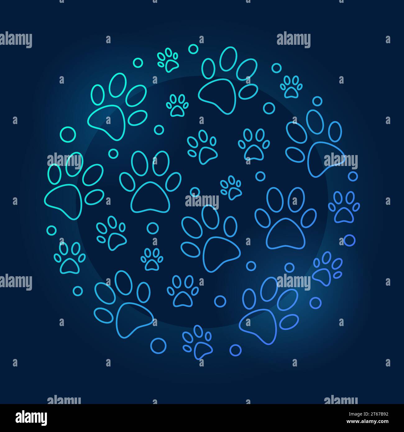 Pets footprints round blue illustration. Vector thin line animals ...