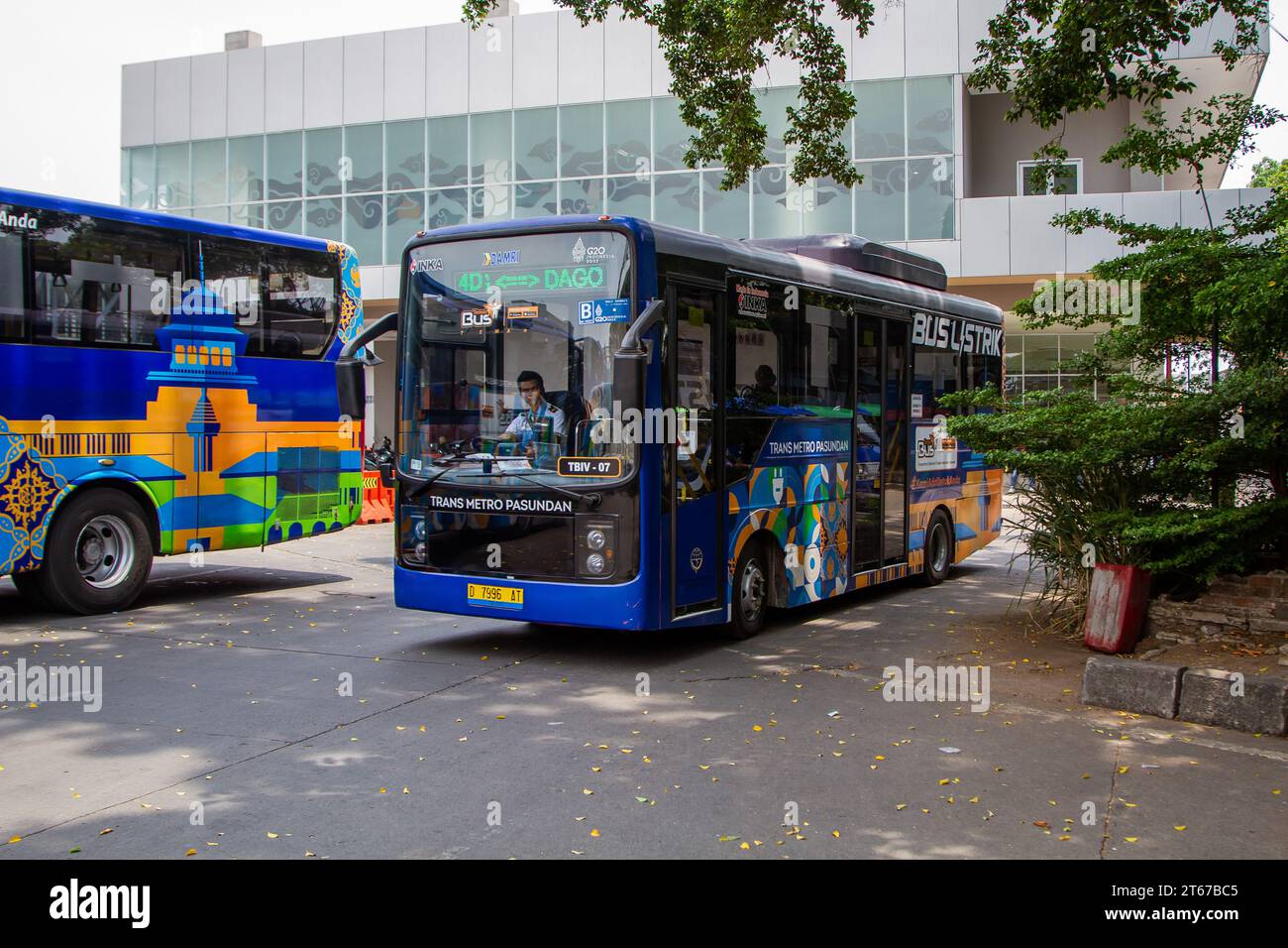 Bandung, West Java, Indonesia. 9th Nov, 2023. Electric buses are seen ...