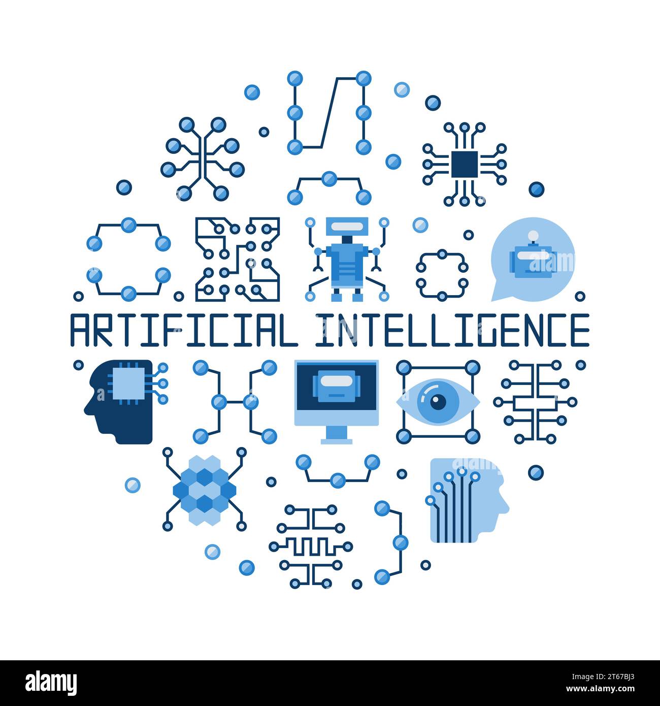 Artificial Intelligence flat round vector illustration made with technology icons Stock Vector