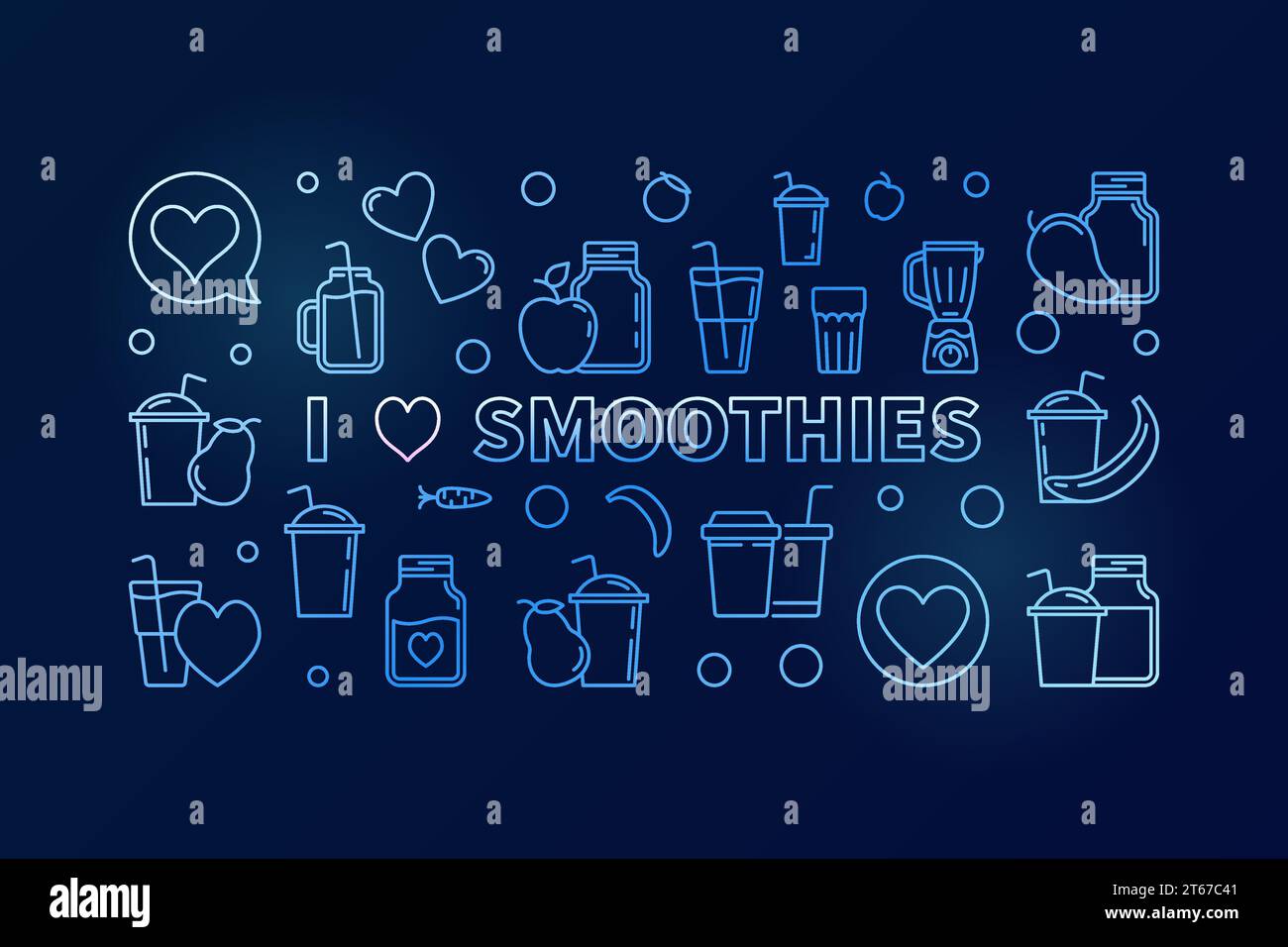 I Love Smoothies blue outline horizontal banner. Smoothie vector illustration on dark background Stock Vector