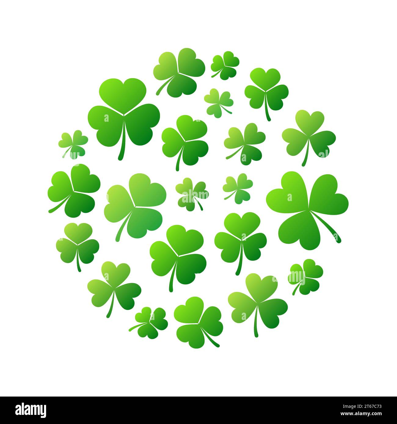 Round shape made of bright green small shamrocks or clovers on white background. Vector Saint Patricks Day concept illustration or greeting card Stock Vector