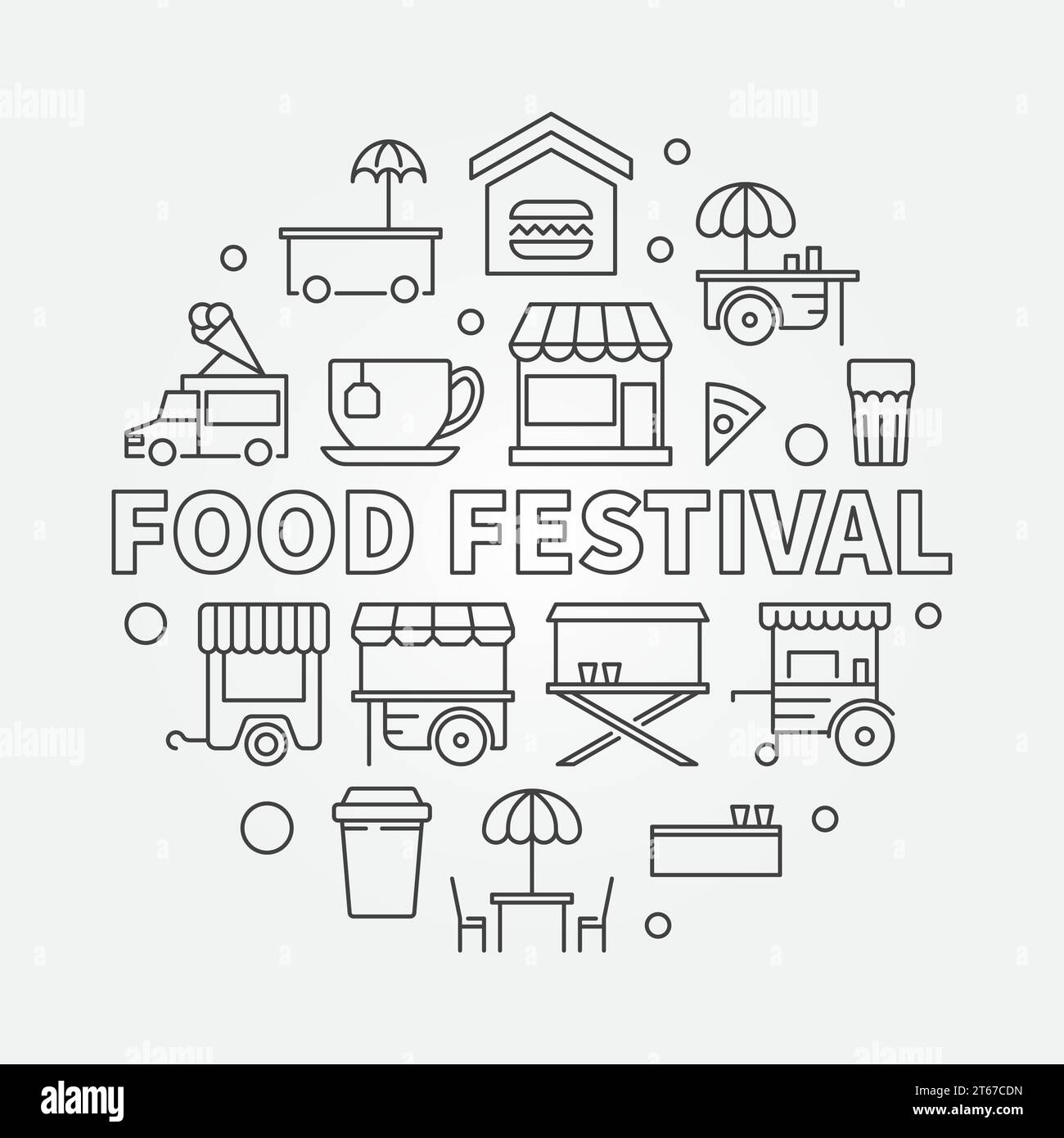 Food festival vector linear illustration. Round street food concept