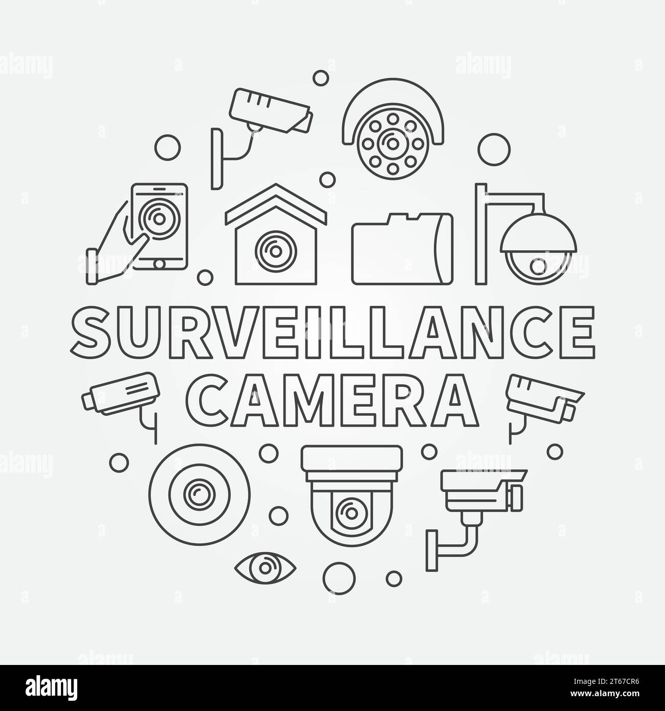 Surveillance camera circular illustration - vector CCTV security round outline symbol Stock Vector