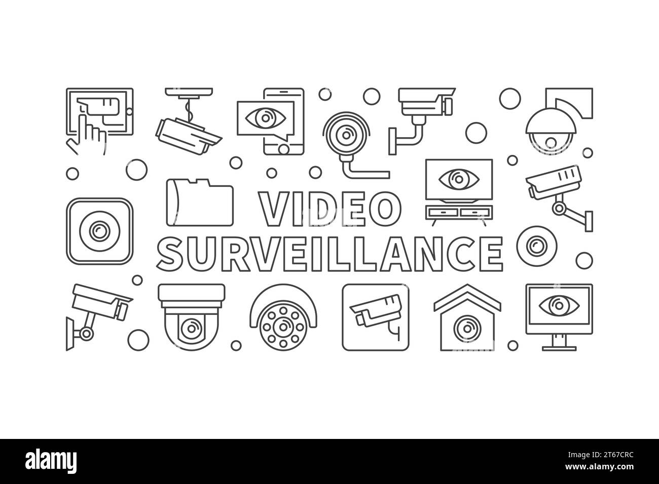 Video surveillance horizontal banner in thin line style on white