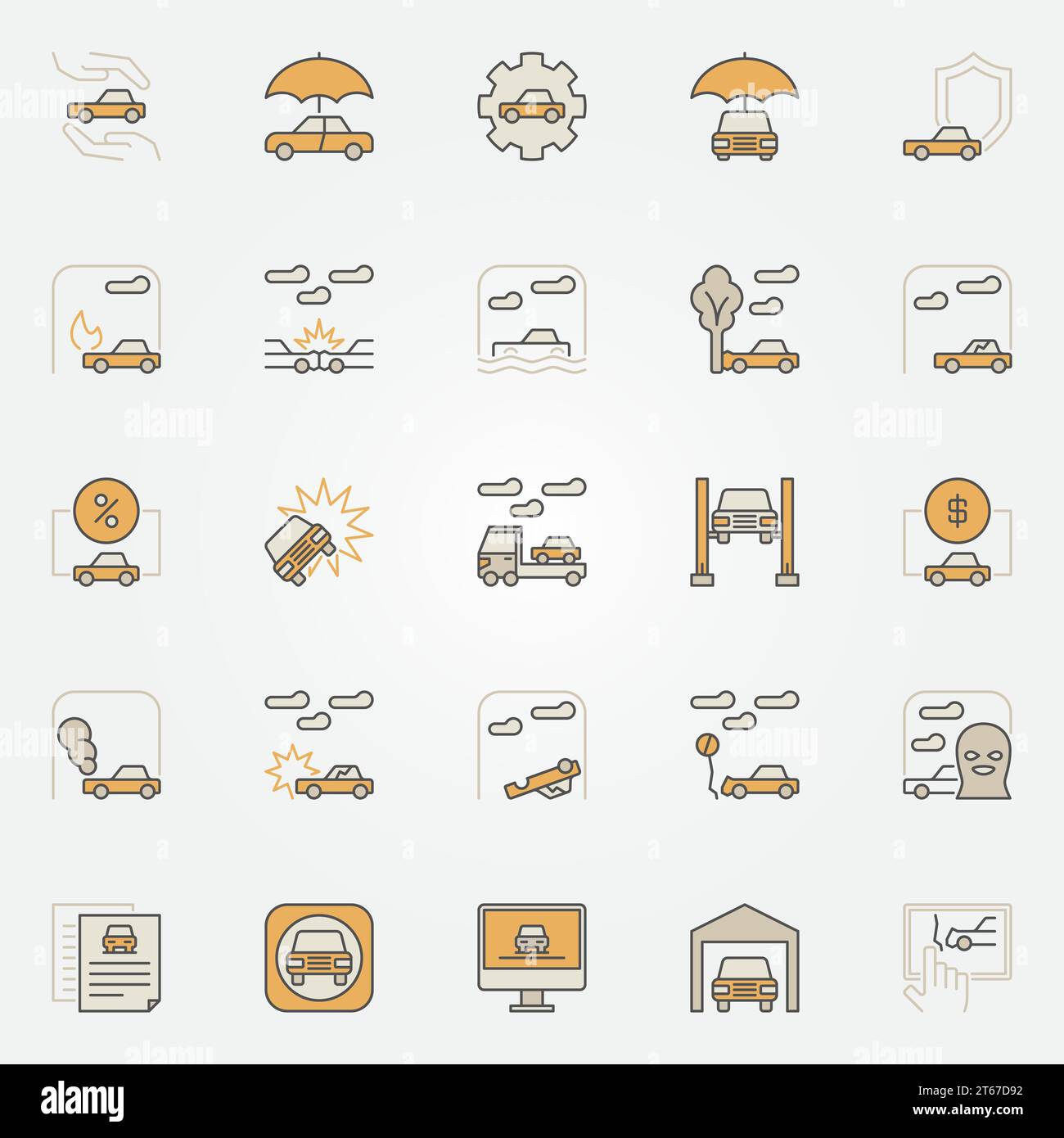 Car insurance colorful icons. Vector collection of auto insurance creative signs or design elements Stock Vector