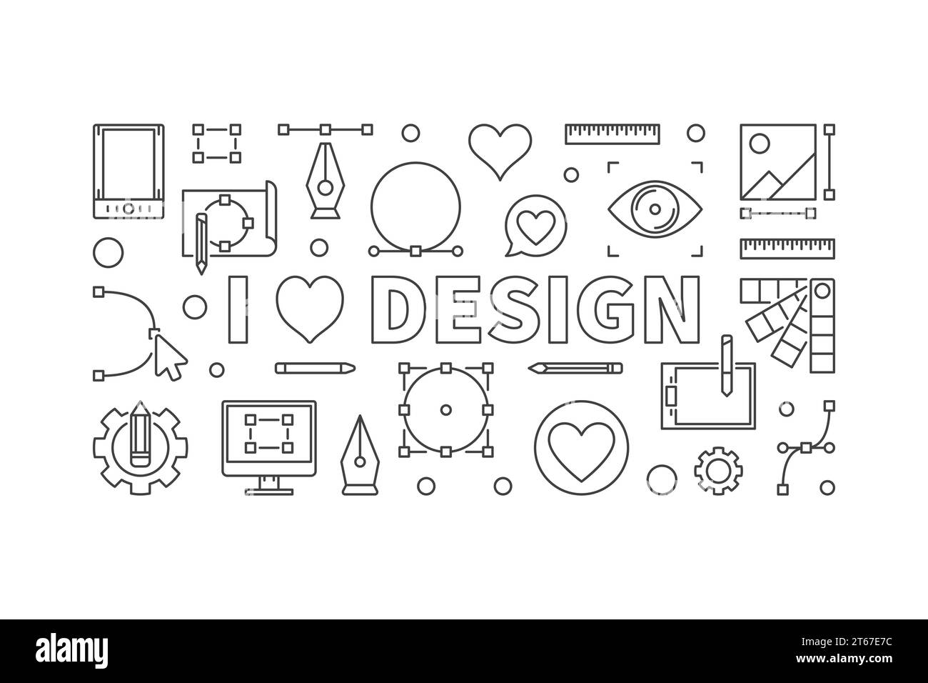 I love design vector concept horizontal banner or illustration in thin line style Stock Vector