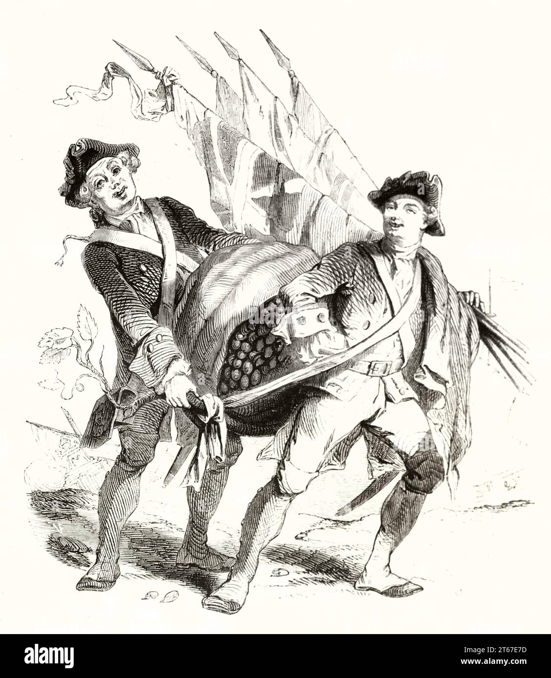 Old caricature of French soldiers in Grenada (1779). By unidentified author, publ. on Magasin Pittoresque, Paris, 1851 Stock Photo