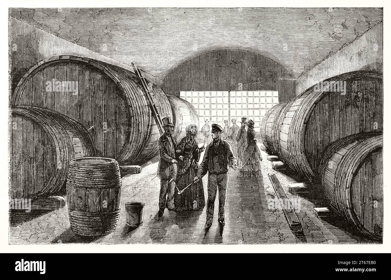 Old illustration of vat cellar for Champagne wine. By unidentified author, publ. on Magasin Pittoresque, Paris, 1851 Stock Photo