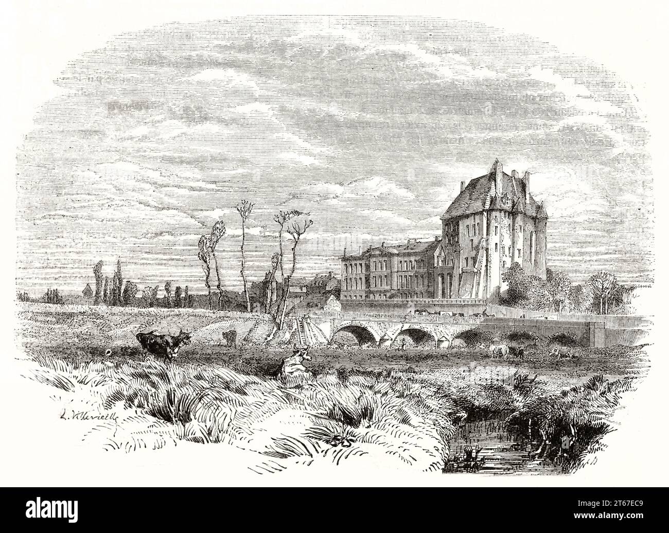 Old view of Chateauroux, France. By Villevieille, publ. on Magasin Pittoresque, Paris, 1851 Stock Photo