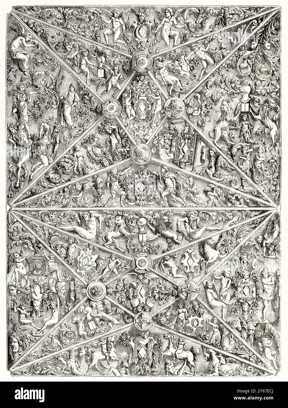 Old illustration of the ceiling of Tilliers-sur-Avre church choir. By Lancelot, publ. on Magasin Pittoresque, Paris, 1851 Stock Photo