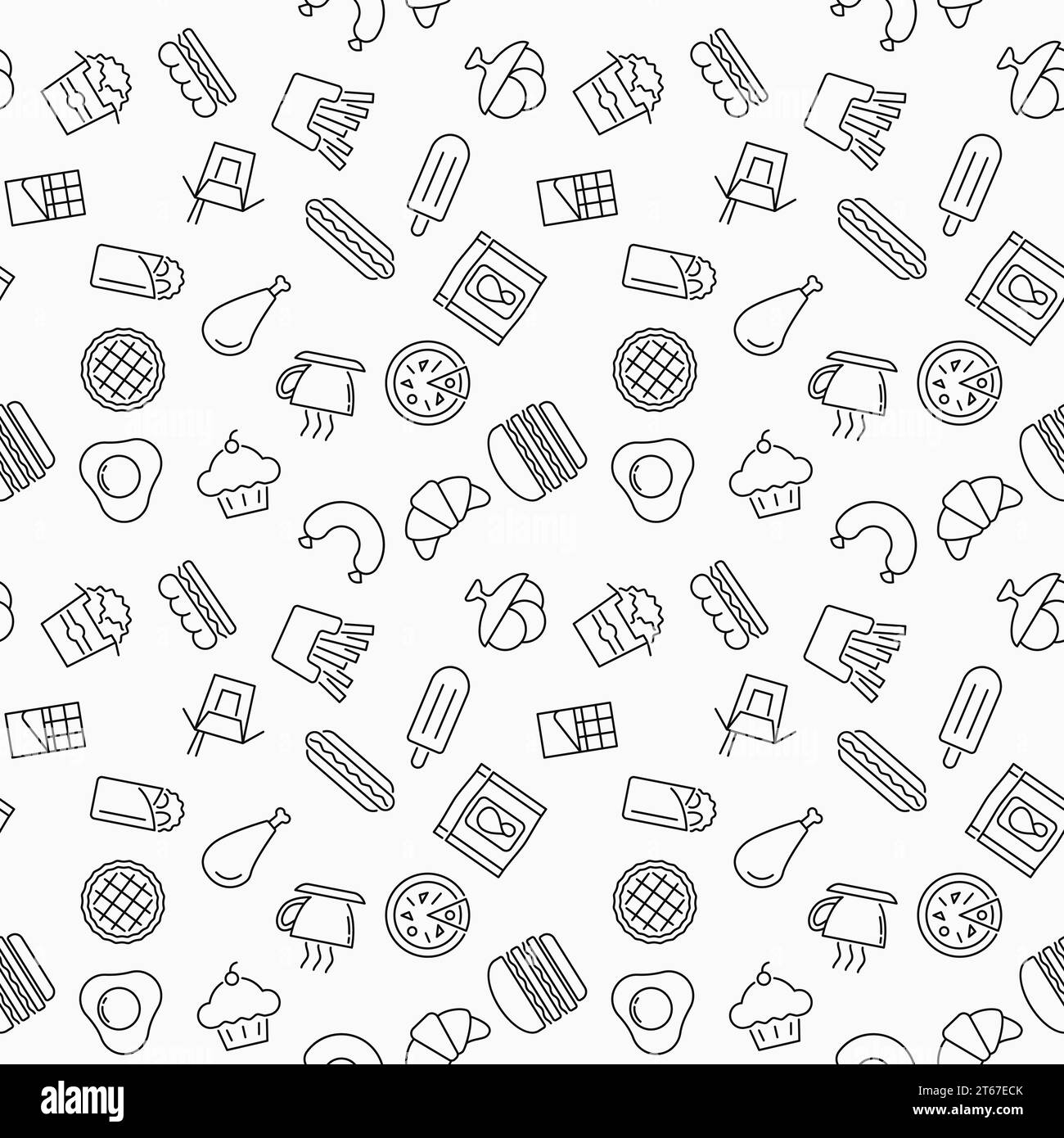 Simple fast food vector seamless pattern or texture made with thin line fast food icons Stock Vector