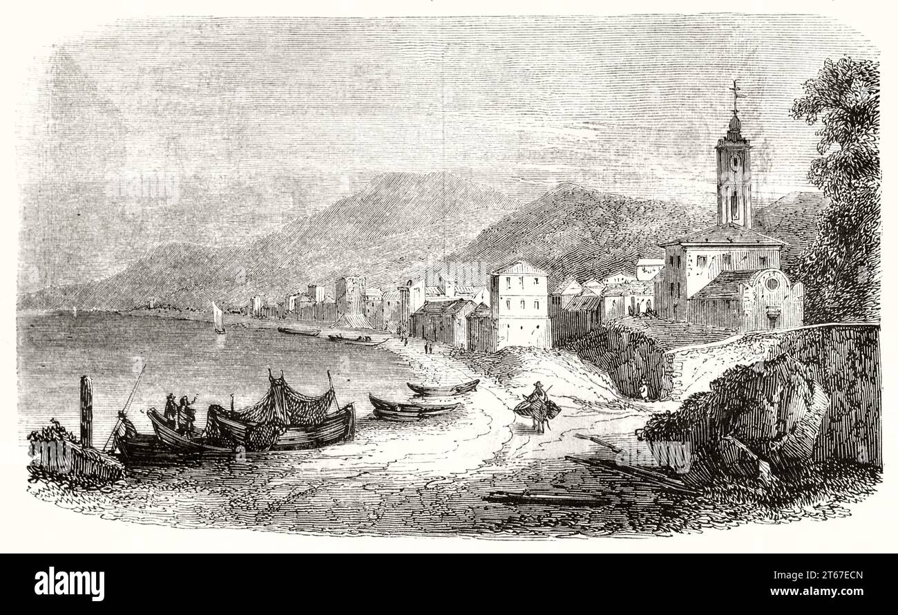 Old view of Cogoleto, near Genoa, Ligurian Riviera, Italy. By Champin, publ. on Magasin Pittoresque, Paris, 1851 Stock Photo