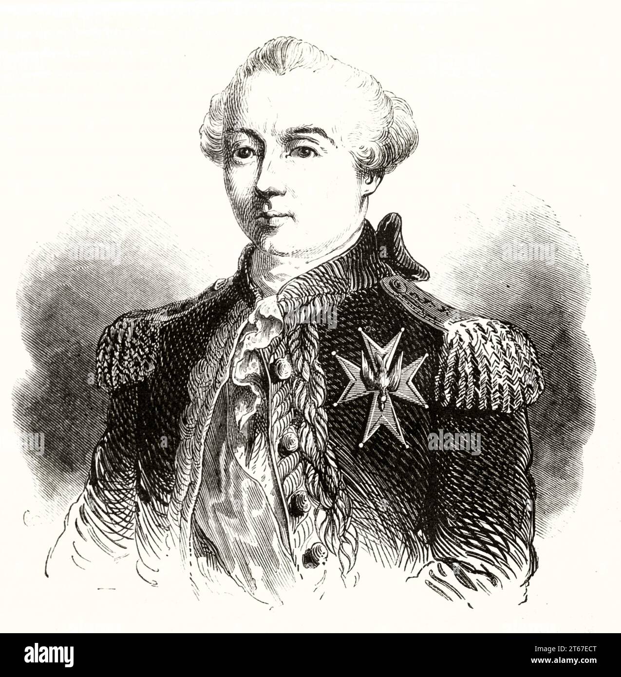 Old engraved portrait of Charles Henri Hector d'Estaing (1729 – 1794), French admiral. By  Foulquier, publ. on Magasin Pittoresque, Paris, 1851 Stock Photo