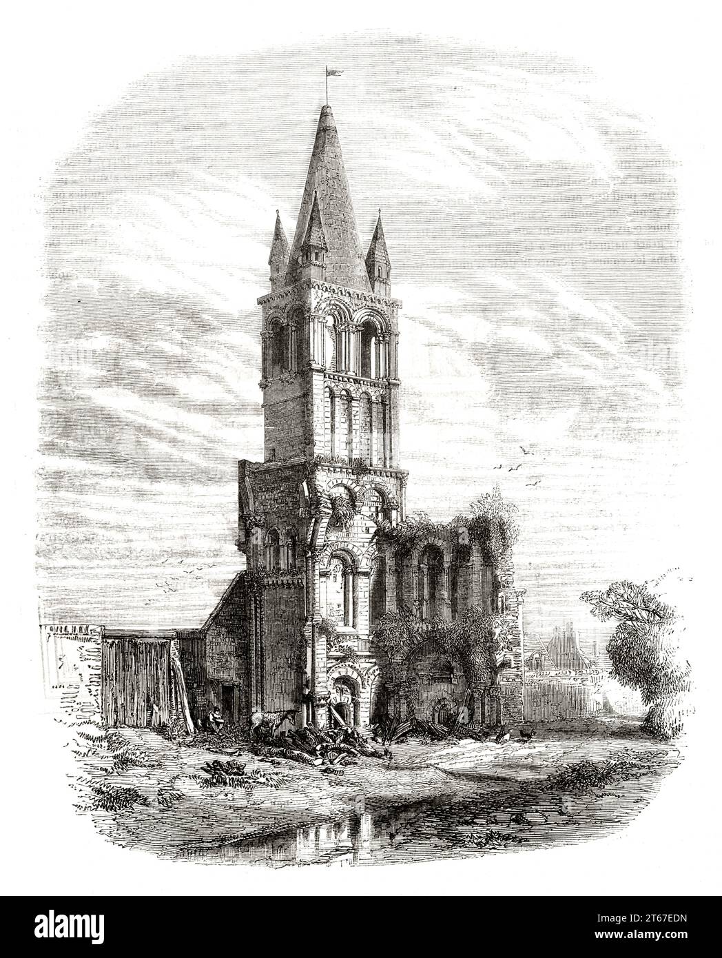 Old view of Notre-Dame de Deols abbey, France. By Villevielle, publ. on Magasin Pittoresque, Paris, 1851 Stock Photo
