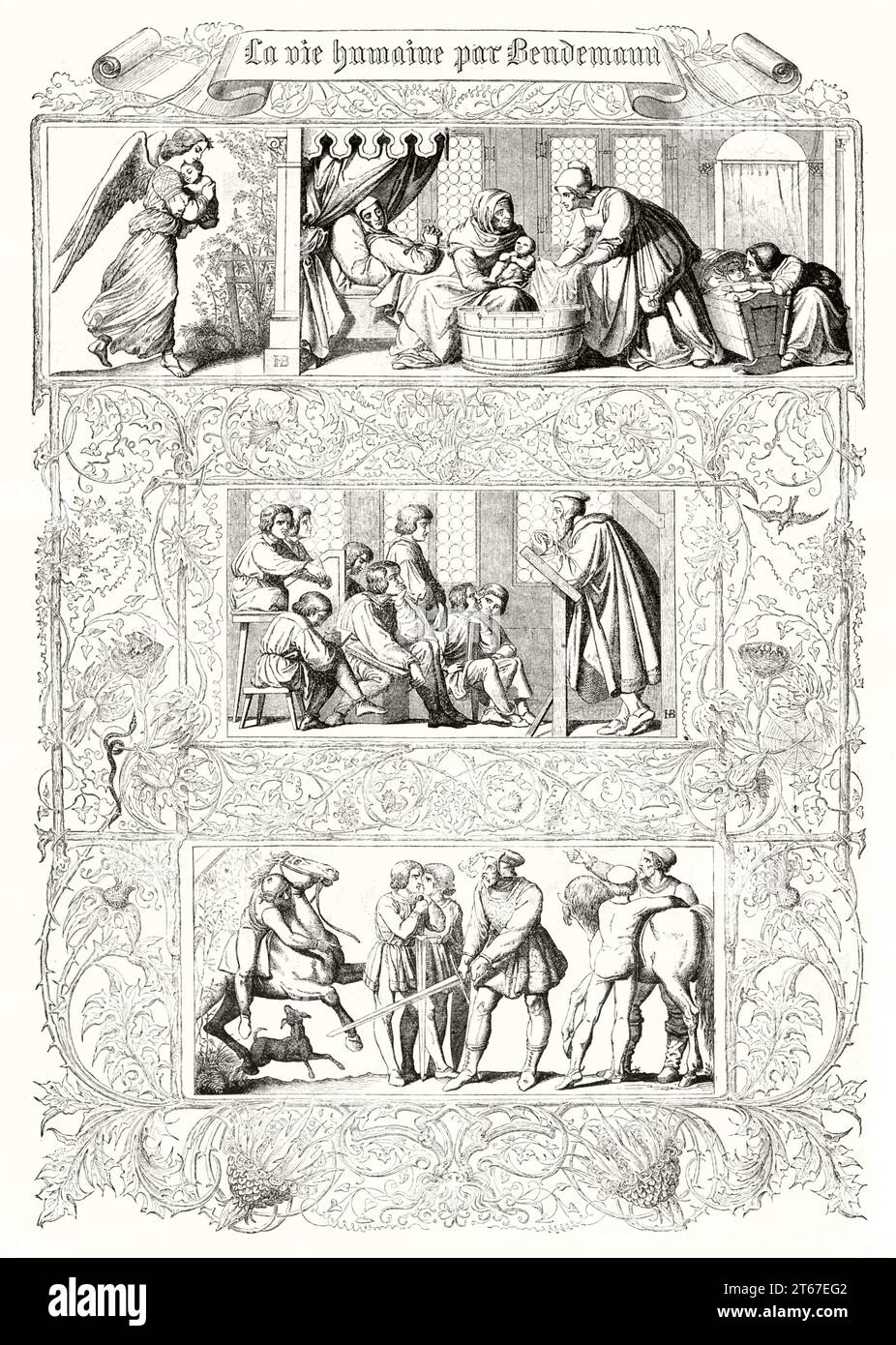 Old engraved reproduction of frescoes in throne room of Dresden Royal Palace. By Gagniet after Bendemann, publ. on Magasin Pittoresque, Paris, 1851 Stock Photo