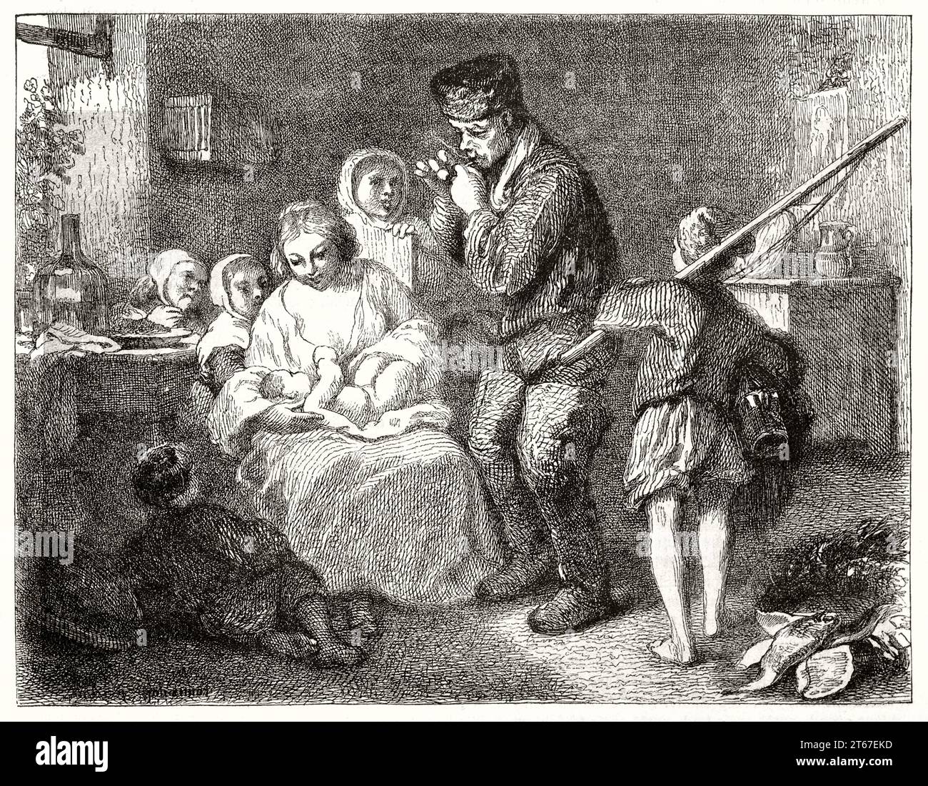 Old illustration of a fisherman family. By Johannot, publ. on Magasin Pittoresque, Paris, 1851 Stock Photo