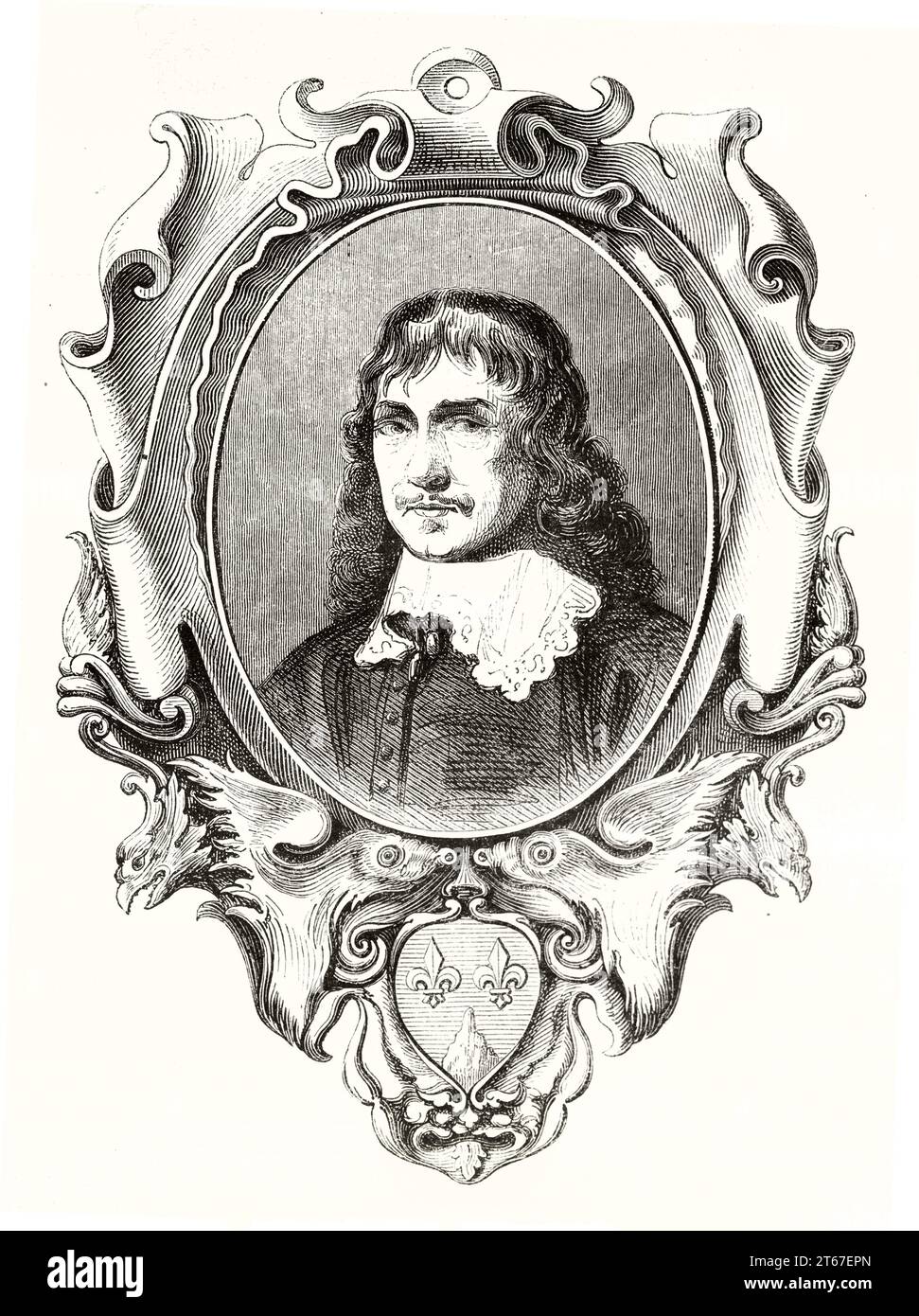 Old engraved self-portrait of Wenceslaus Hollar (1607 – 1677), Bohemian etcher. Publ. on Magasin Pittoresque, Paris, 1851 Stock Photo