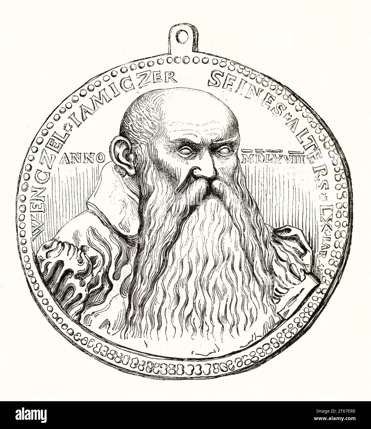 Old medal with Wenzel Jamnitzer effigy (ca 1507 – 1585, German goldsmith. Publ. on Magasin Pittoresque, Paris, 1851 Stock Photo